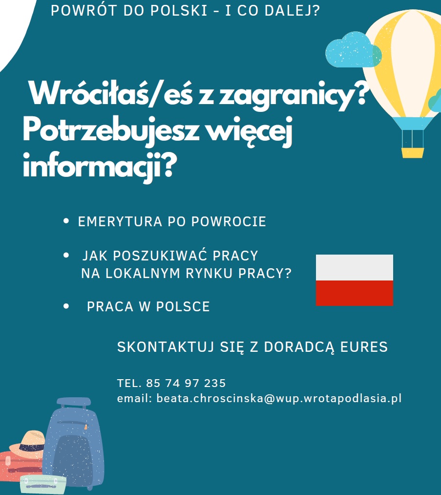 Plakat informujący o ofercie doradczej dla osób powracających do kraju po okresie pracy za granicą. Na niebieskim tle balon, walizka, flaga polska