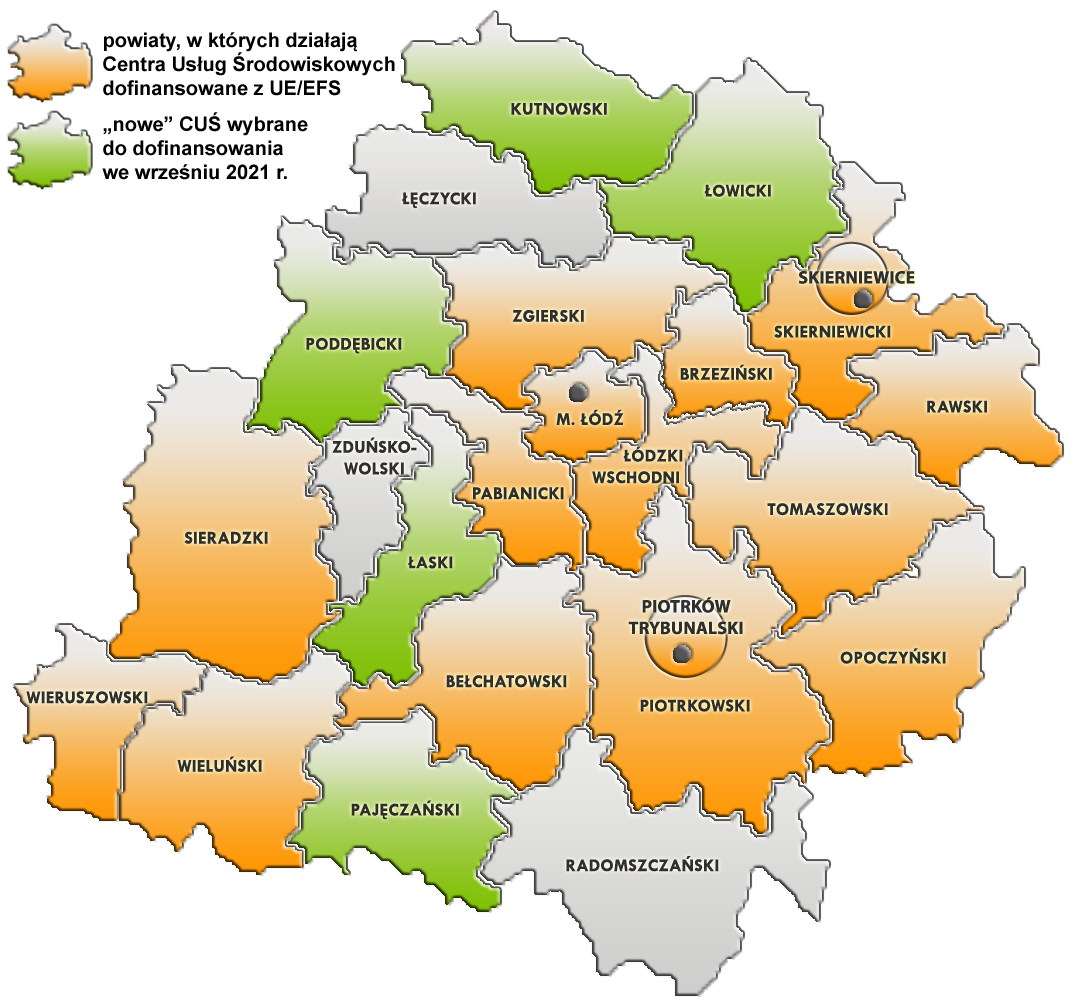 powiaty, w których działają Centra Usług Środowiskowych