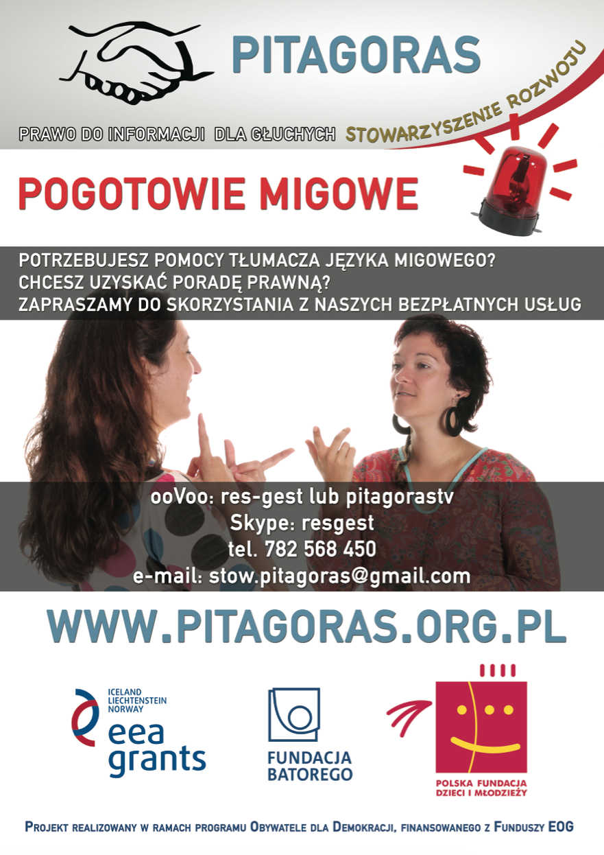 Pogotowie migowe PITAGORAS - plakat. www.pitagoras.org.pl